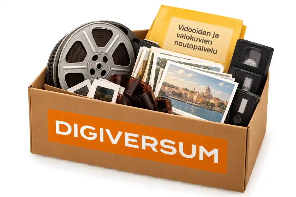 Laatikollinen vanhoja valokuvia, dioja, VHS-kasetteja ja kaitafilmikela
